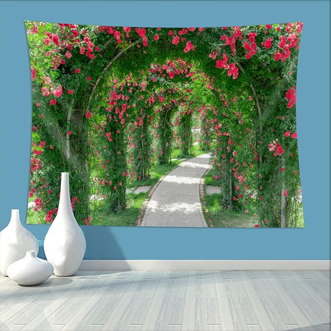 8ftx6ft Spring Flower Garden Backdrop Blossoms Flower Arch Garden Architecture Pillars Blooming Flowers Garden Pathway Photo Background Outdoor Wedding Portraits Photo Studio Props Wallpaper