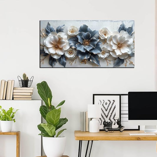 Blue and White Flower Pictures for Living Room Teen Bedroom Decor for Girls Wall Art for Women Office Decor Size 24" x 48"