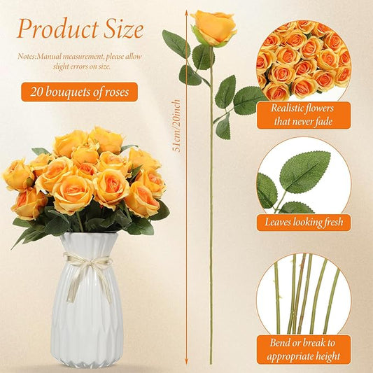 Hotop 20 Pcs Artificial Rose Flowers with Long Stem,Real Touch Silk Realistic Plastic Bouquet Roses Bulk for Home Decor Bridal Wedding Party Table Centerpieces Decorations(Orange)