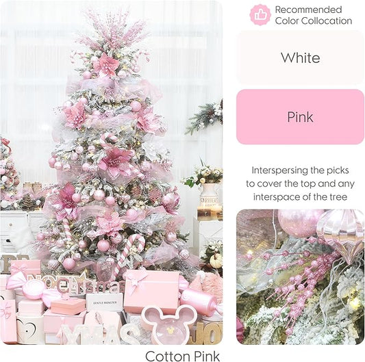 Sea Team 24-Pack Artificial Glitter Berry Stem Ornaments, Decorative Bead Sticks, Glittery Twigs, Picks, Branches for Christmas Tree, Small Vase, Holiday, Wedding, Party (17 Inches, Pink)