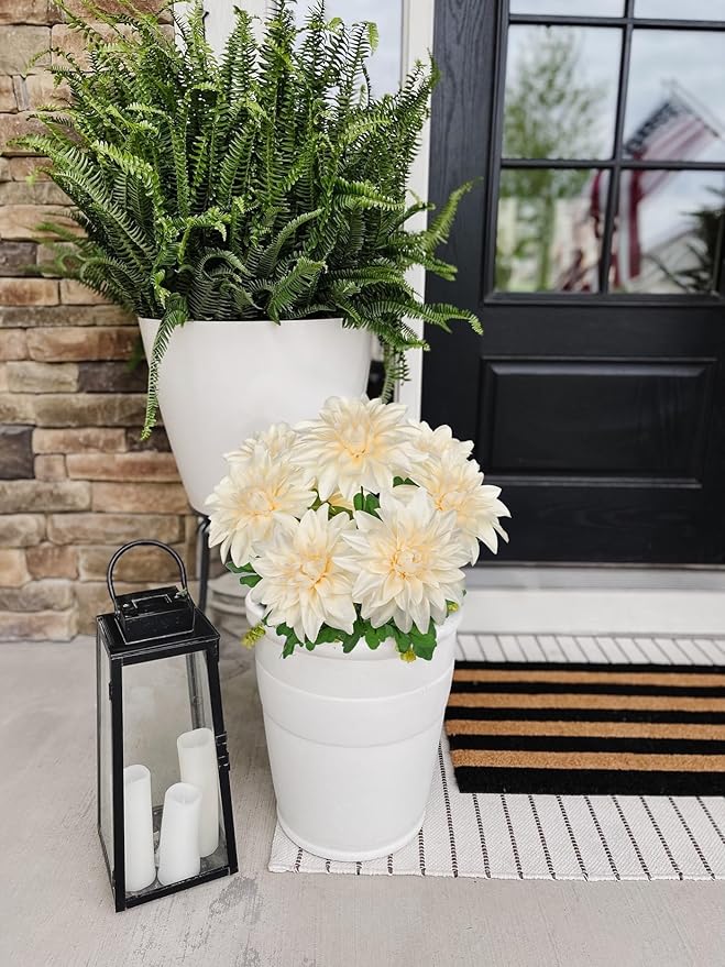 Hollyone 2Pcs White Artificial Dahlia Flowers Bush 7 Heads Silk Fake Dahlias Flowers with Stems Wedding Bouquets Faux Dahlia Flower Floral Arrangements for Outdoor Indoor Table Centerpieces Home Decor