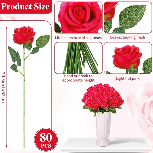 80 Pcs Roses Artificial Flowers, Silk Red Artificial Flowers Petals Long Stem Roses for Wedding Bouquet Home Party Decor