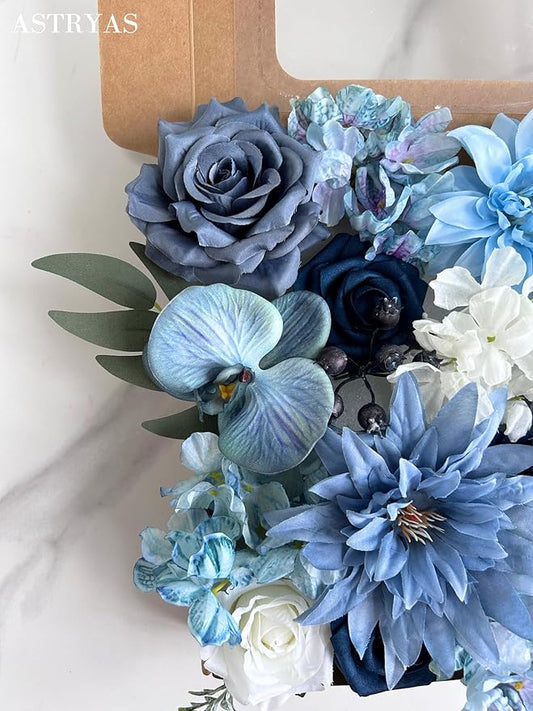 ASTRYAS Dusty Blue Artificial Flowers Combo Fake Silk Dahlia Roses with Stem for DIY Wedding Bouquet Arrangements Bridal Shower Party Home Decorations
