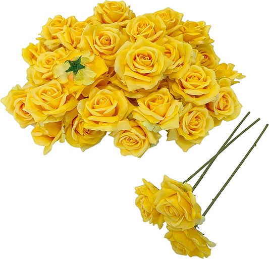 Artificial Satin Rose Flower Heads,48 Pcs Silk Rose Heads with Stems,3.3'' Rose Artificial Flowers Bulk,Artificial Rose Flower Heads for DIY Crafts Bouquet (48, Yellow)