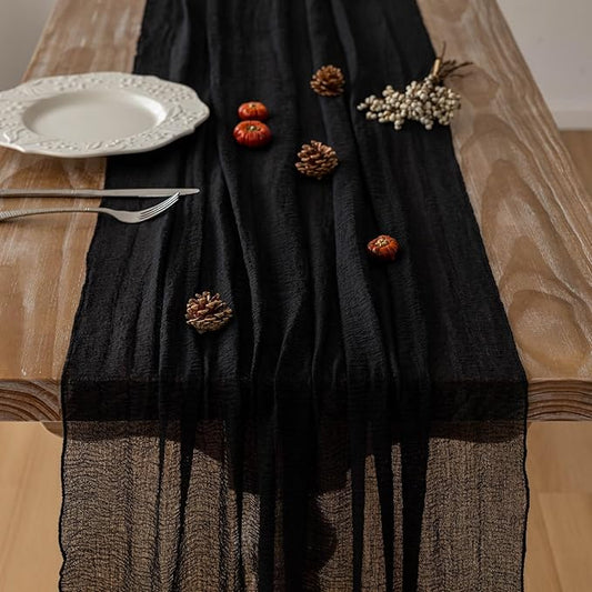 6pcs Halloween Table Runner Black Cheesecloth Gauze Rustic Premium Cotton Cheese Cloth Table Runner 120 Inch 10 FT for Wedding Bridal Baby Shower Long Sheer Boho Christmas Decorations