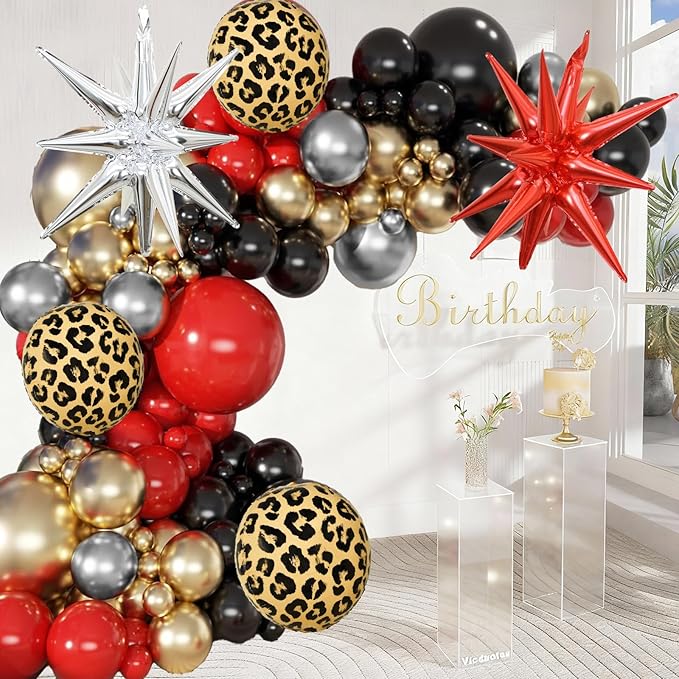 Red Black Gold Balloon Arch Garland Kit Leopard Cheetah Print Party Balloons Black Red Metallic Silver Gold Explosion Star Balloon for Girl Night Bachelorette New Year Casino Birthday Party Decoration