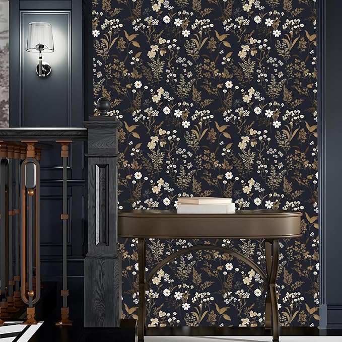 Dark Floral Wallpaper Peel and Stick 17.5in x 197in Vintage Navy Gold Leaf Wallpaper Vinyl Waterproof Self-Adhesive Dark Blue Botanical Wall Paper Mural for Bookcase Bedroom Cabinet Decor