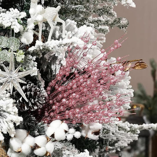 Artificial Glitter Berry Stem Decorations, Fake Bead Sticks Pick 17 Inch Stems for Halloween Christmas Ornaments Glittery Twigs Xmas Tree Wreath Vase Filler Home Decor - Champagne Pink 10 Pack