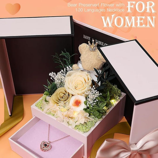 Gifts for Mom Grandma Christmas Birthday Preserved Flowers Roses with Heart Necklace Fresh Flowers for delivery Prime Eternal Forever Flower Box Xmas Gifts for Women Mother Her Wife from Daughter