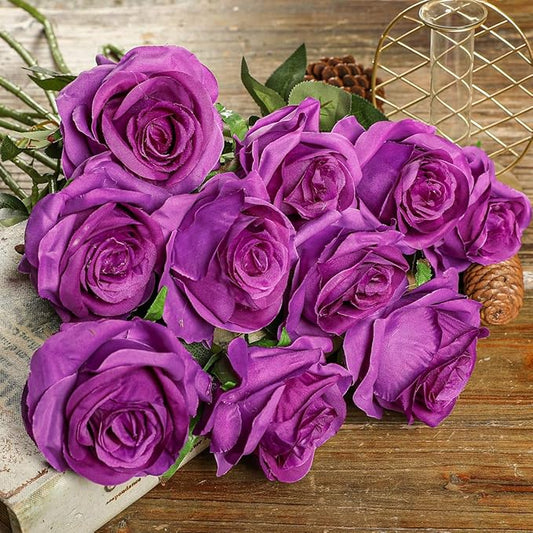 Kisflower 12Pcs Roses Artificial Flowers Purple Flowers Realistic Single Stem Flowers Silk Rose Bouquet for Wedding Party Office Home Decor (Purple)