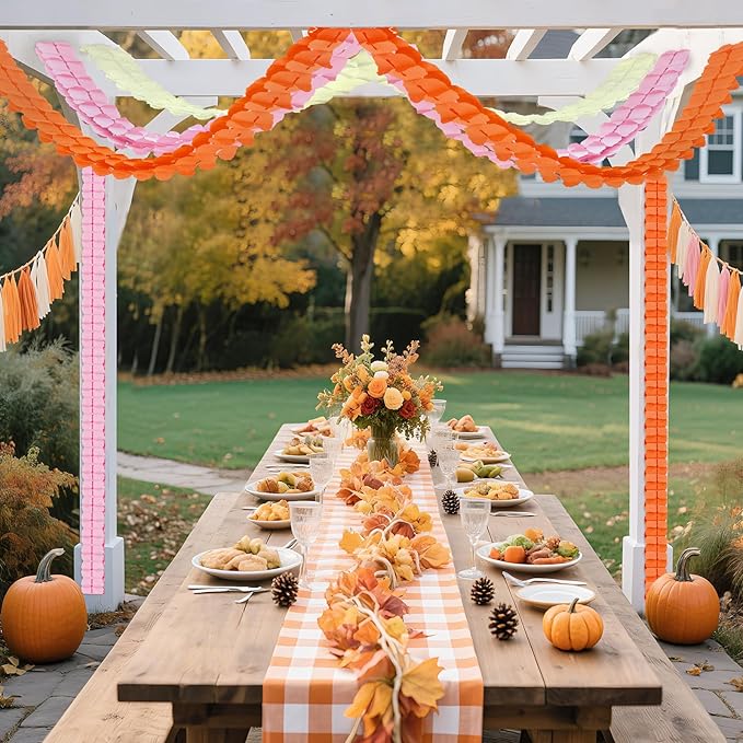 12Pcs Pink and Orange Fall Party Decorations, Hanging Paper Streamers Garland for Office Home Indoor Girls Women Birthday Sunset Thanksgiving Friendsgiving Bridal Wedding Baby Shower Backdrop Decor