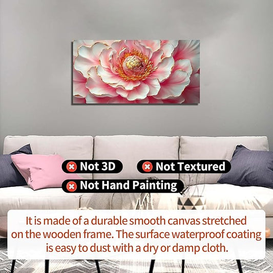 Elegant Pink & White Peony Floral Canvas Wall Art with Gold Accents, Abstract Flower Pictures for Living Room Bedroom Wall Decor, Printed Painting Artwork Home Decorations, Large Size 58x29 Inches