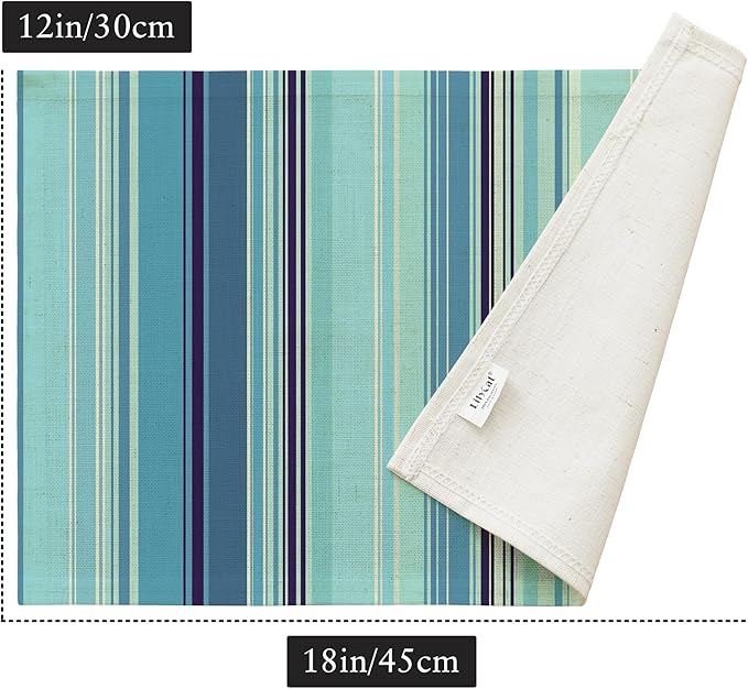 LilyCat Linen Fabric Blue Stripes Placemats, Durable Boho Dining Table Mats for Kitchen, Rustic Vintage Washable Place Mats Set of 4, 18’’× 12’’