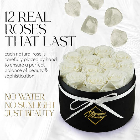 GLAMOUR BOUTIQUE Flowers Forever Gift Box 12 Real Preserved Roses in a Velvet Black Box, Birthday Gift for Her Mom and Wife, Mothers Day, Anniversary, Graduation - White