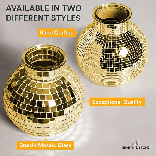 Disco Ball Planter | 7” Disco Ball Vase for Flowers & Plants | Handmade Gold Color Square Large Mirrors Center Piece | for Indoor & Outdoor Decor | Disco Ball Plant Holder Gold