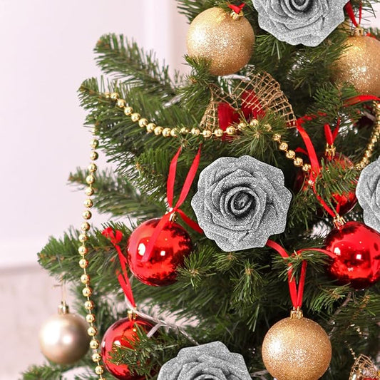 MACTING 30PCS Artificial Glitter Roses Real Touch Fake Flowers with Stem Soft Foam Roses for DIY Wedding Bouquet Table Centerpieces Party Holiday Wreath Home Xmas Christmas Decorations(Silver)