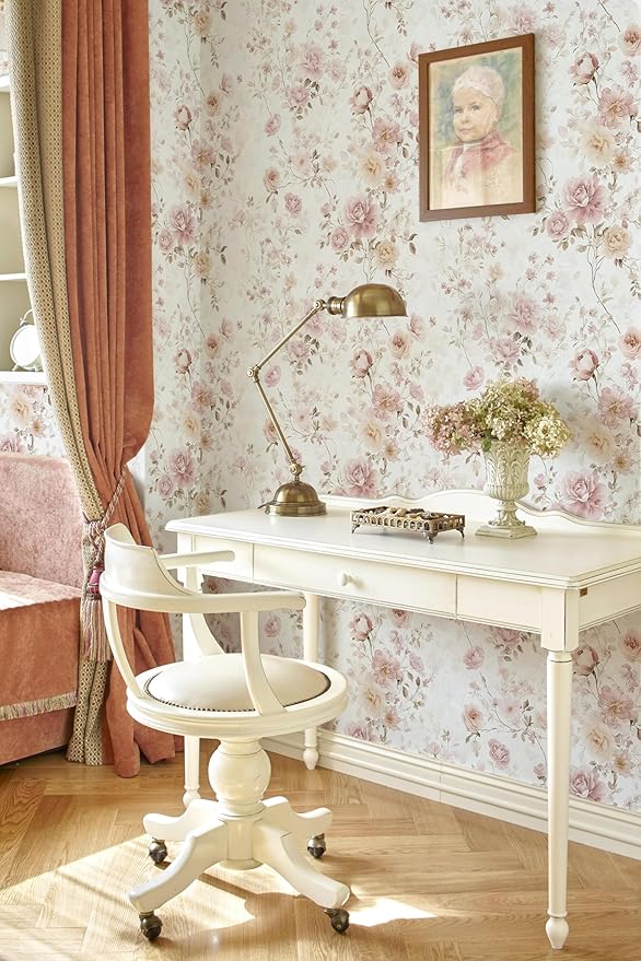 Vintage Floral Peel and Stick Wallpaper Pink Vintage Contact Paper 17in×196in Pink Rose Wallpaper Self Adhesive Removable Boho Wall Paper Waterproof for Bathroom Bedroom Decorative Vinyl Roll