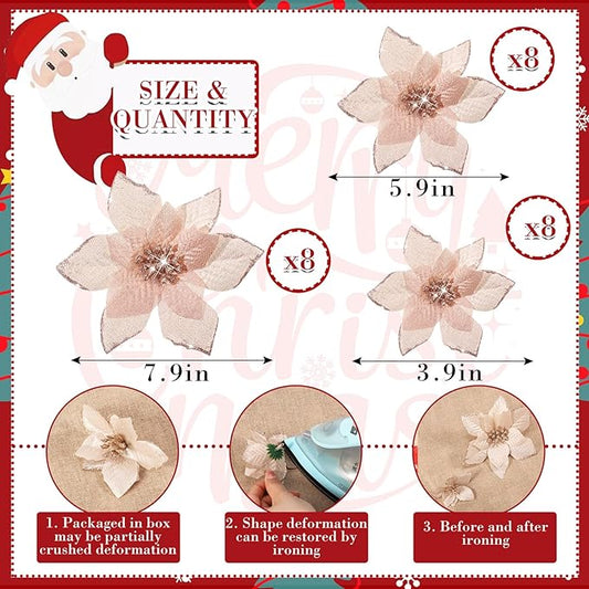 WILLBOND 24 Pcs 3 Size Poinsettia Flower Artificial Christmas Decor Glitter Poinsettia Christmas Ornaments Faux Flowers for Xmas Tree Outdoor(4/6/7.9 Inches,Rose Gold)