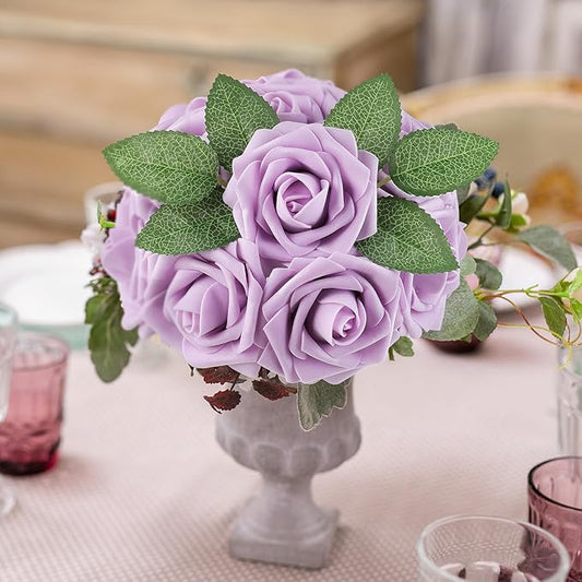 AmyHomie 25pcs Real Looking Artificial Lavender Roses w/Stem for DIY Wedding Bouquets Centerpieces Arrangements Party Baby Shower Valentines Day Christmas Tree Decorations