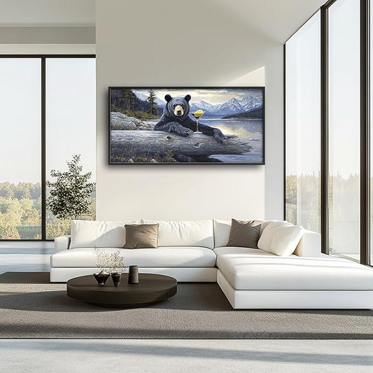 Forest Bear Large Decor Framed Wall Art Mountain Lake Cabin Pictures for Living Room, Black Bear Oversized Canvas Print Painting Modern Extra Large Framed Artwork for Bedroom Office 60"x30"