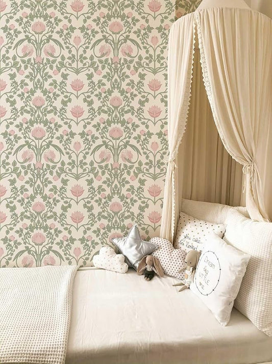 Floral Wallpaper Peel and Stick 236.2" × 17.3", Pink Contact Paper Self Adhesive Wallpaper for Bedroom Shelf Drawer Liner