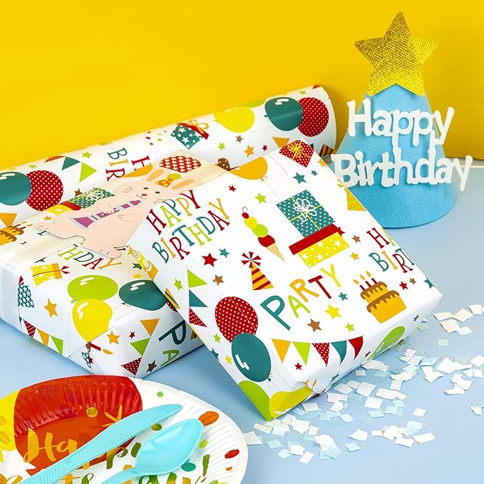 WRAPAHOLIC 30 Inch Birthday Wrapping Paper Roll - Cheerful Happy Birthday Wrapping Paper for Holiday, Party, Baby Shower - 30 Inch x 33 Feet
