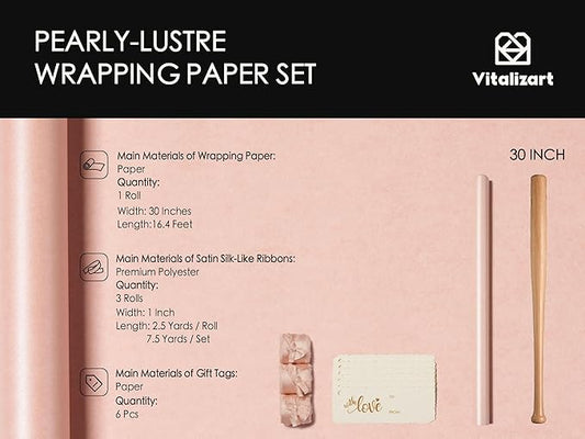 Vitalizart Pink Wrapping Paper Set 30" Pearly-Lustre With Silk Like Satin Ribbon & Gift Tags Recyclable Christmas Gift Wrapping Birthday Baby Shower Wedding Handmade Crafts 197"(16.4 Ft)