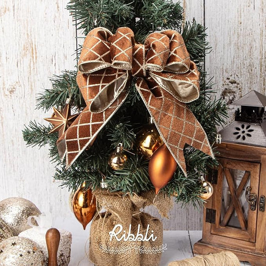 Ribbli Brown Velvet Ribbon Wired with Glitter Diamond Grid 2-1/2 Inch Christmas Ribbon for Christmas Tree Decoration Big Bow Gift Wrapping Crafts Wreaths Garland Supplies - 10 Yards