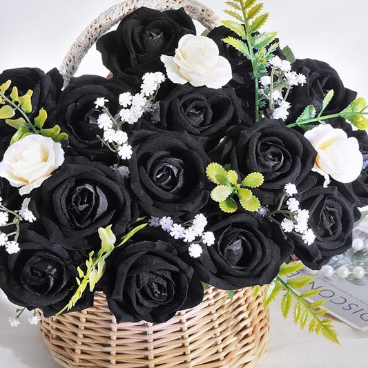 BLEUM CADE 50 Pcs Black Roses Artificial Flowers, Real Touch Velvet Roses Fake Flowers Bulk, Artificial Roses Bouquet with Long Stems Bridal DIY Wedding Party Centerpiece Decorations