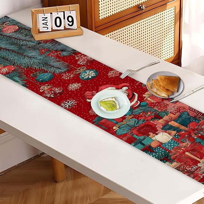 Christmas Table Runner 13 x 72 Inch, Vintage Santa Claus with Pine Branches and Gift Boxes, Red Festive Holiday Dining Table Decoration, Xmas Party Table Centerpiece