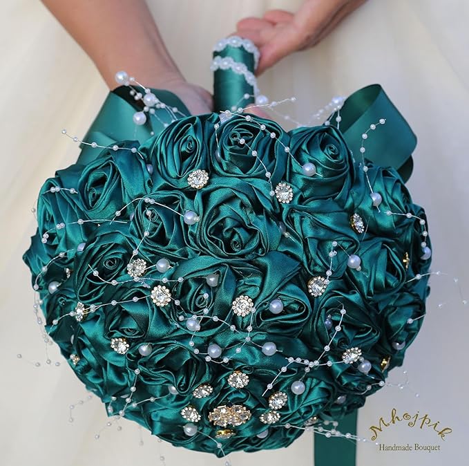 Bridal Wedding Bouquet Round Bling Brooch Bouquet Throw Toss Artificial Rose Flower Bunch for Bride Bridesmaid Wedding Quinceanera(Dark Green, 8.7")