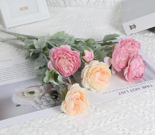 IPOPU Artificial Peonies 6pcs Ranunculus Silk Flowers 18Heads Pink Flowers Combo Champagne Fake Flowers 20.47" Faux Floral Arrangements Wedding Decorations for Home Kitchen (Champagne&Pink)
