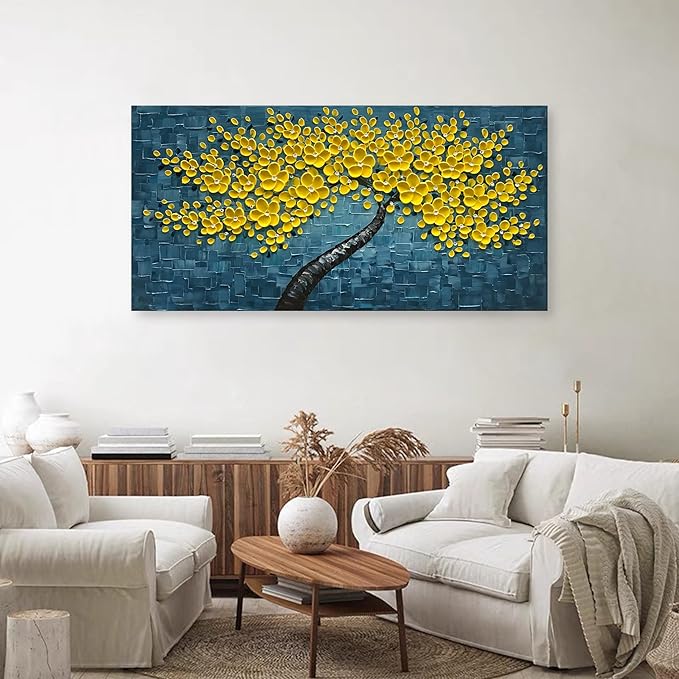 100% Hand Painted 3D Yellow Flower Tree Oil Painting Blue Canvas Texture Mural Living Room Bedroom Dining Room Mural 24x48 inches