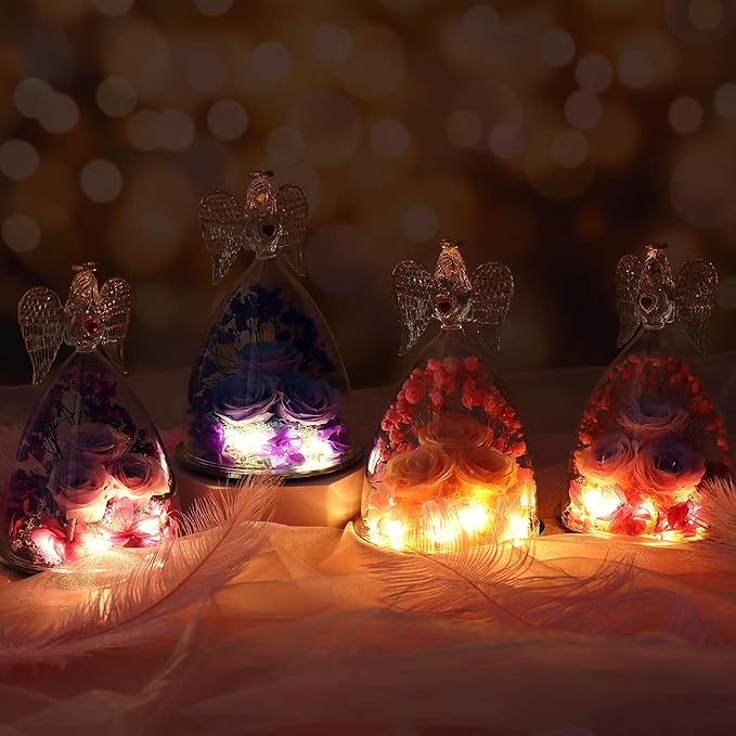 Mothers Day Rose Gifts for Women, Large Angel Figurines with Real Roses, Preserved Real Flower Rose for Her - Purple Blue