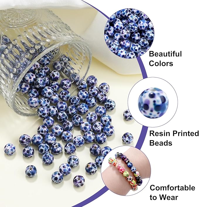 100 PCS 10mm Resin Beads Bulk for Bracelet Making Kit, Blue Bubbles Print Round Loose Beads for Jewelry Earring Necklace Rings Art Craft DIY Projects