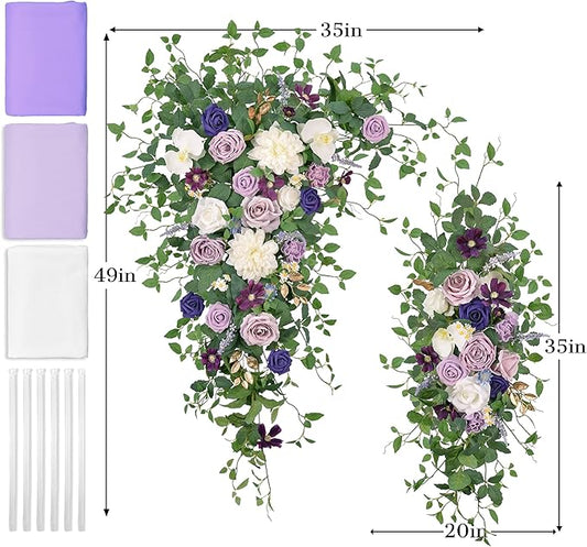 Ting's time Wedding Arch Flowers Kit (Set of 5) 2 Pcs Purple Artificial Flower Arrangement 3 Pcs Arch Draping Fabric for Wedding Ceremony Arbor and Reception Backdrop Decoration(Lilac&White)