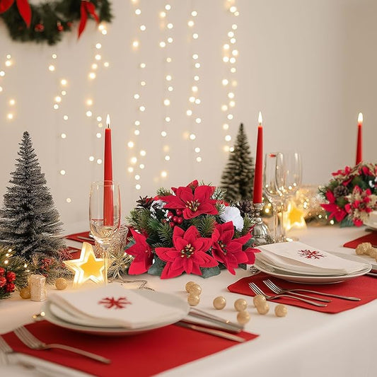BLOSMON Poinsettias Artificial Christmas Flowers: 2 Pcs Red Fake Floral Ball Centerpieces for Tables Decorations Silk Faux Poinsettia Winter Holiday Flower Arrangement Xmas Plant Ornaments Decor