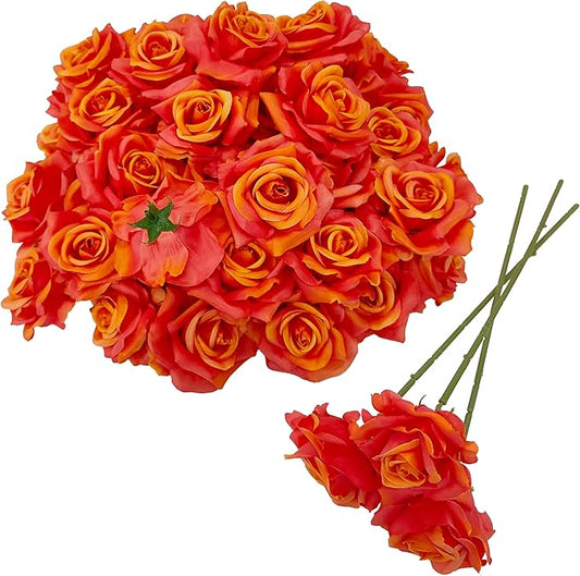 Artificial Satin Rose Flower Heads,48 Pcs Silk Rose Heads with Stems,3.3'' Rose Artificial Flowers Bulk,Artificial Rose Flower Heads for DIY Crafts Bouquet (48, Sunset)