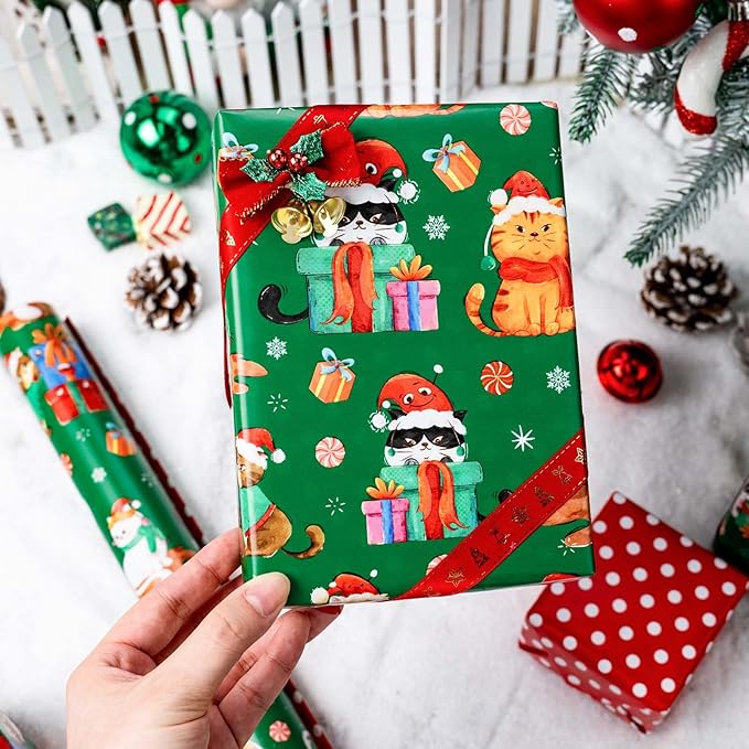 MAYPLUSS Christmas Wrapping Paper Roll - 17 Inch X 33 Feet - Green Cute Cat Christmas Hat Reversible Polka Dot Gift Wrapping Paper, Thick Wrap Paper for Holiday Party New Year Kids