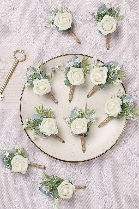 Rose Boutonnieres for Men Wedding Groom and Groomsmen White Boutonniere for Rustic Fall Vintage Wedding Prom Set of 10