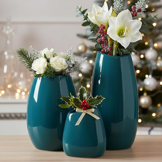 hjn Ceramic Vase Set of 3 Teal Flower Vase for Home Decor, Modern Decorative Vase for Flowers Vases for Your Ideal Shelf Decor/Table/Living Room/Kitchen/Office-Teal