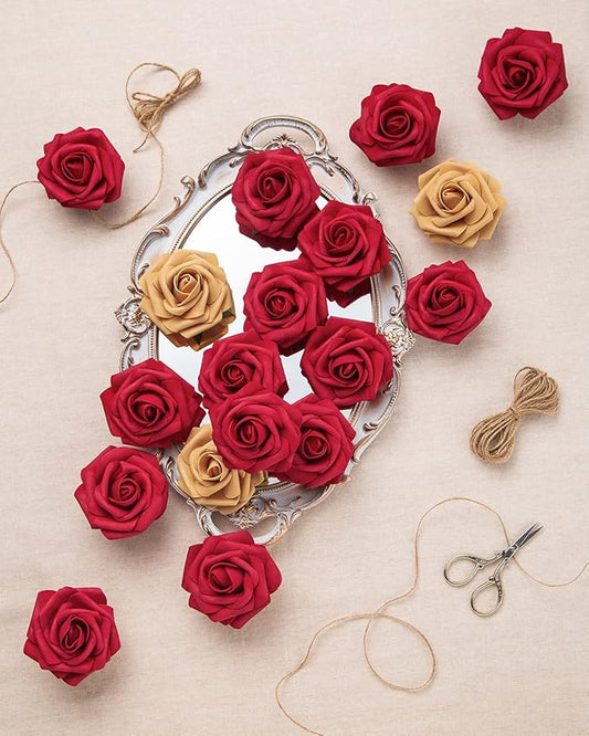 DuHouse 25Pcs Artificial Roses Flowers Fake Roses with Stems Real Touch Foam Flowers for DIY Wedding Bouquet Baby Shower Centerpiece Floral Arrangement Party Home Decor(Dark Red)