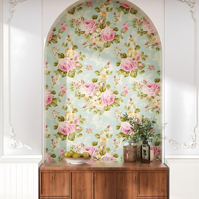 Blue Rose Wallpaper Peel and Stick Boho Wallpaper 17.5in x 32.8ft Vintage Floral Contact Paper Vinyl Self Adhesive Removable Modern Floral Wall Paper for Bedroom Shelf Liner Cabinet Decor