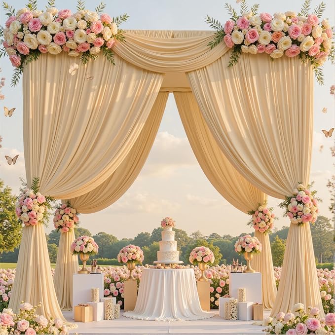 gogoparti 40ft x 12ft Beige Wrinkle-Free Backdrop Curtain for Wedding Parties, Thick Polyester 4 Panels 5x12ft for Wedding Birthday Baby Shower Halloween Photography Party Background