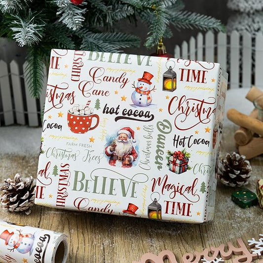 MAYPLUSS Christmas Wrapping Paper Roll - 17 In x 33 Feet - Cute Watercolor Santa Claus Snowman Christmas Gift Wrap Paper for New Year, Holiday, Kids