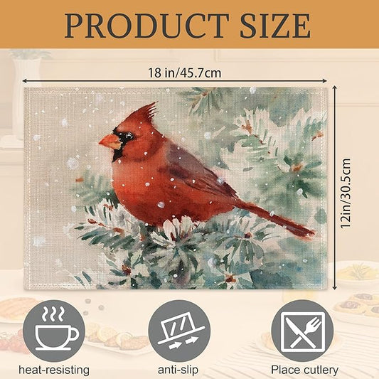 Christmas Cardinal Placemats Set of 6, Bird Place Mats Washable Heat Resistant 12×18 Inch Linen Table Mats for Christmas Dining Décor