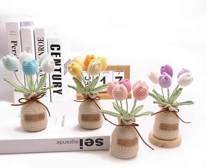 Handmade Tulips, Artificial Plant Crochet Flowers, Tulips Suitable for Home Room, Table, Office Ornaments and Birthday Gifts Suitable for Family and Friends Anniversary (5 Flowers-Yellow)