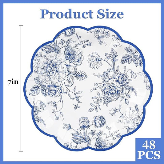 Blue Floral Party Plates Vintage Floral Leaf Disposable Paper Plates Wildflower Blue Toile 7" Scalloped Rim Dessert Plates for Christmas Birthday Bridal Tea Party Supplies (48)