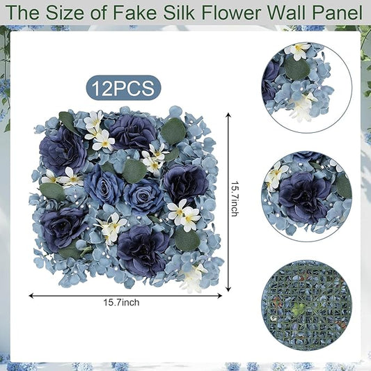 Pack of 12 Artificial Silk Flower Panels, Faux Floral Wall Background for Wedding Party Engagement Bridal Shower Arrangement Home Decorations - Dusty Blue
