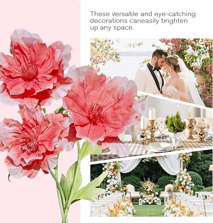 3pc Artificial Giant 3D Flowers Decorations - Huge Adjustable Height Faux Flower for Wedding Birthday Party Shop Window Display Arrangement Event Decoration (Red)